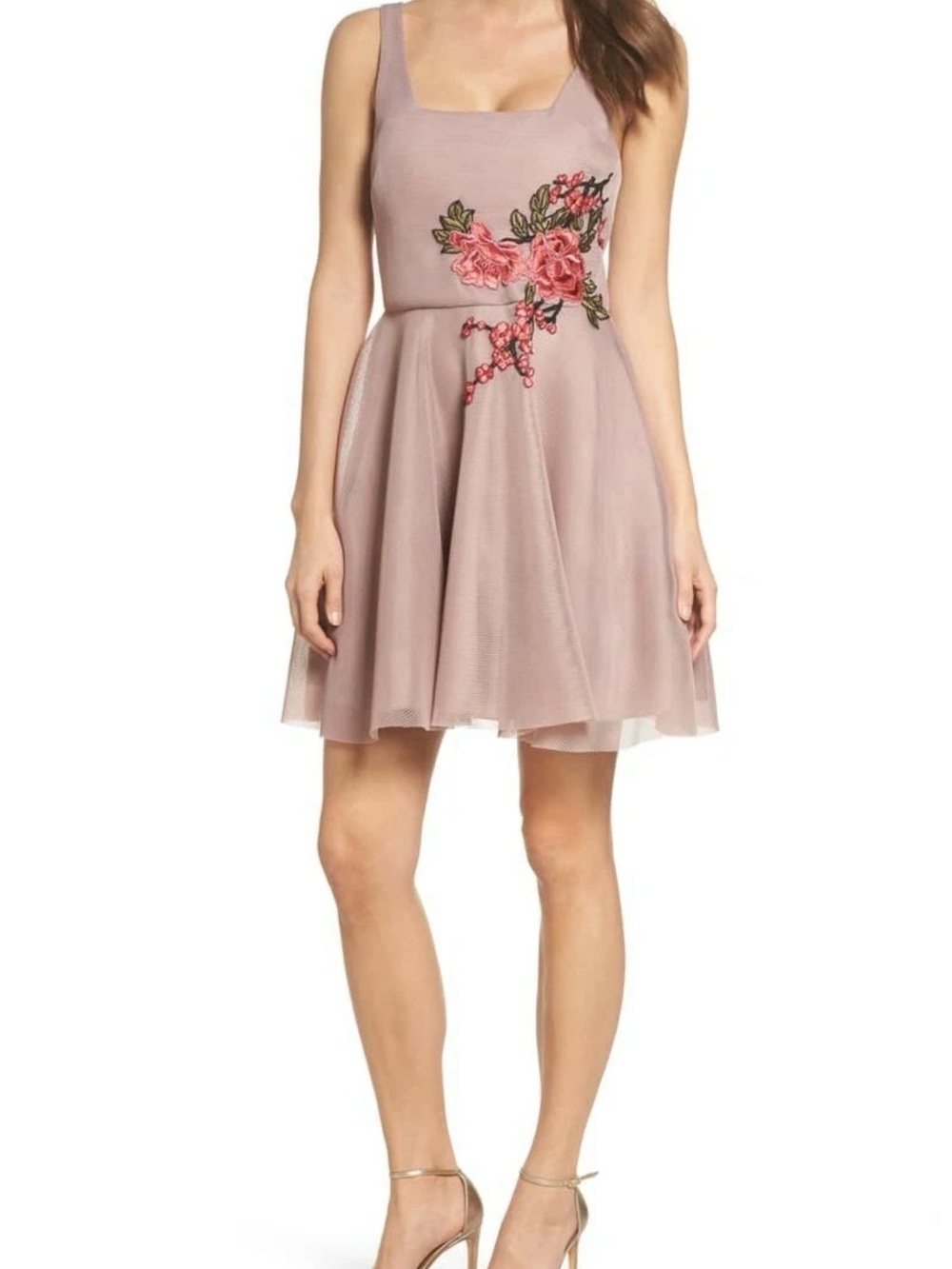 Sequin Hearts Floral Applique Fine Mesh Fit & Flare Dress Whimsygoth Mauve Sz 5